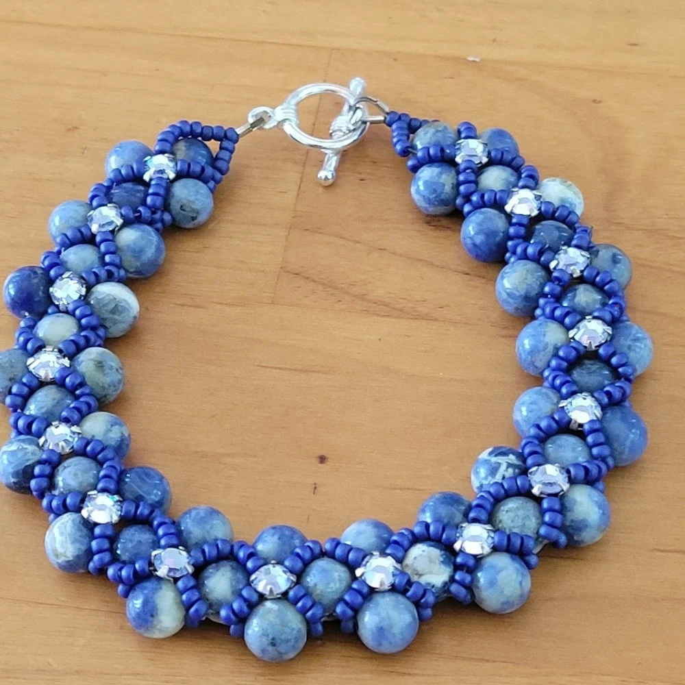 Intricate Blue Stone Seed Bead Bracelet Rhinestone Toggle Woven 21g